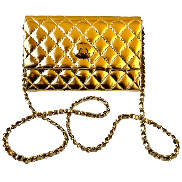 Vintage Gold Faux Patent Leather Crossbody Handbag Padded Flap Turn Lock - Picture 2 of 10